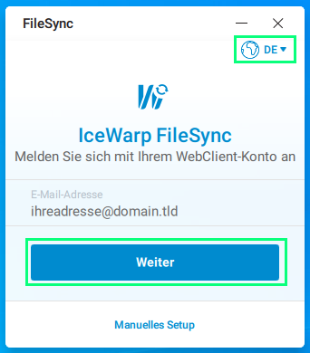 Anmeldefenster von FileSync