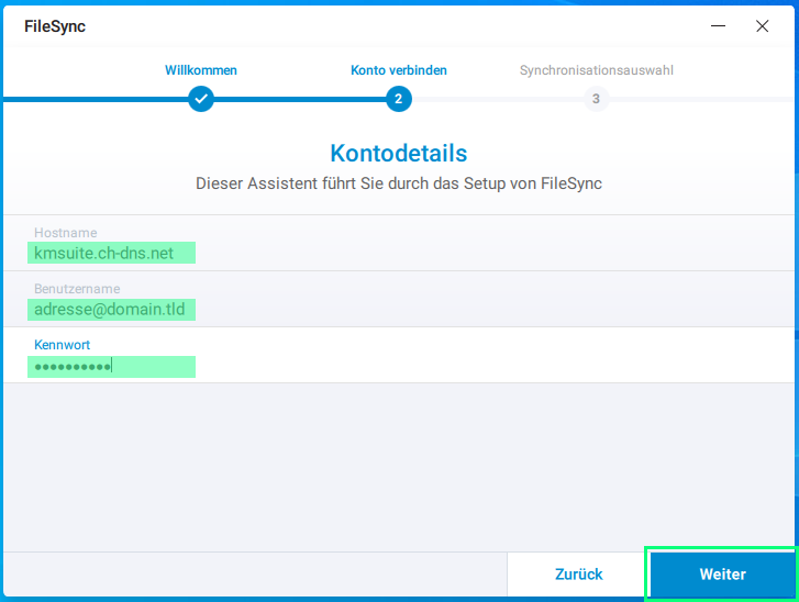 Kontodetails für das Setup