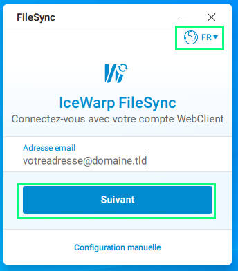 Fenêtre de connexion de FileSync