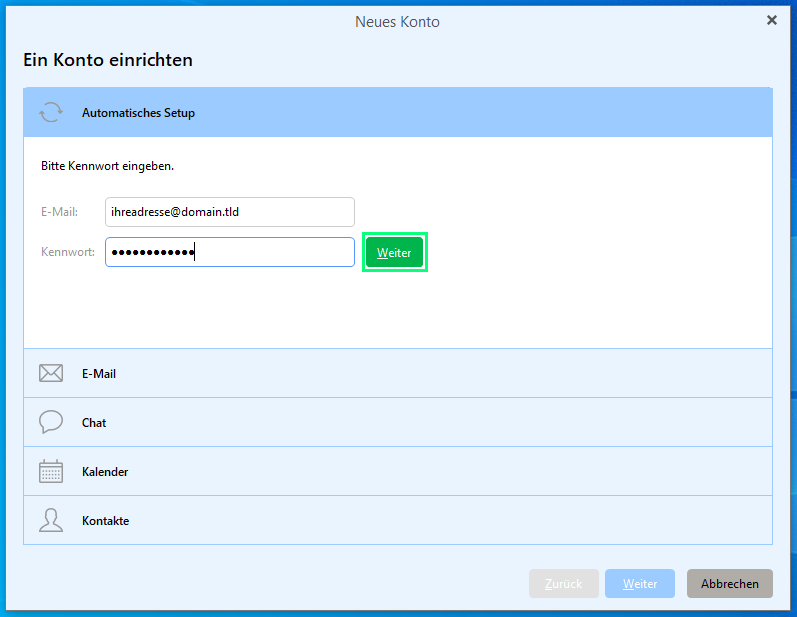 automatisches Setup mit Passworteingabe