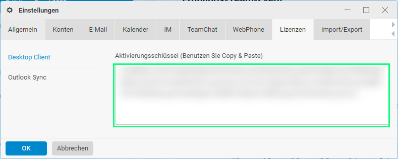 Anzeige des Aktivierungsschlüssels im Webmail