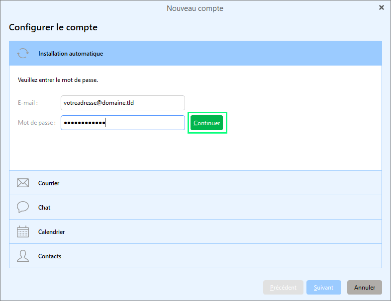 configuration automatique avec saisie du mot de passe