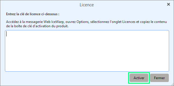 Saisie de la clé d'activation dans le client de bureau